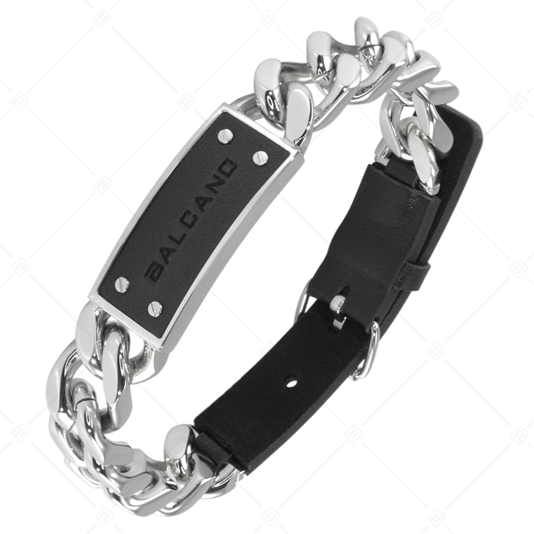 BALCANO - Leather Curb / Bracelet pancer en acier inoxydable avec une tête incrustée de cuir (442012BL99)