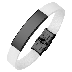 BALCANO - White leather bracelet with engravable black PVD plated stainless steel headpiece
