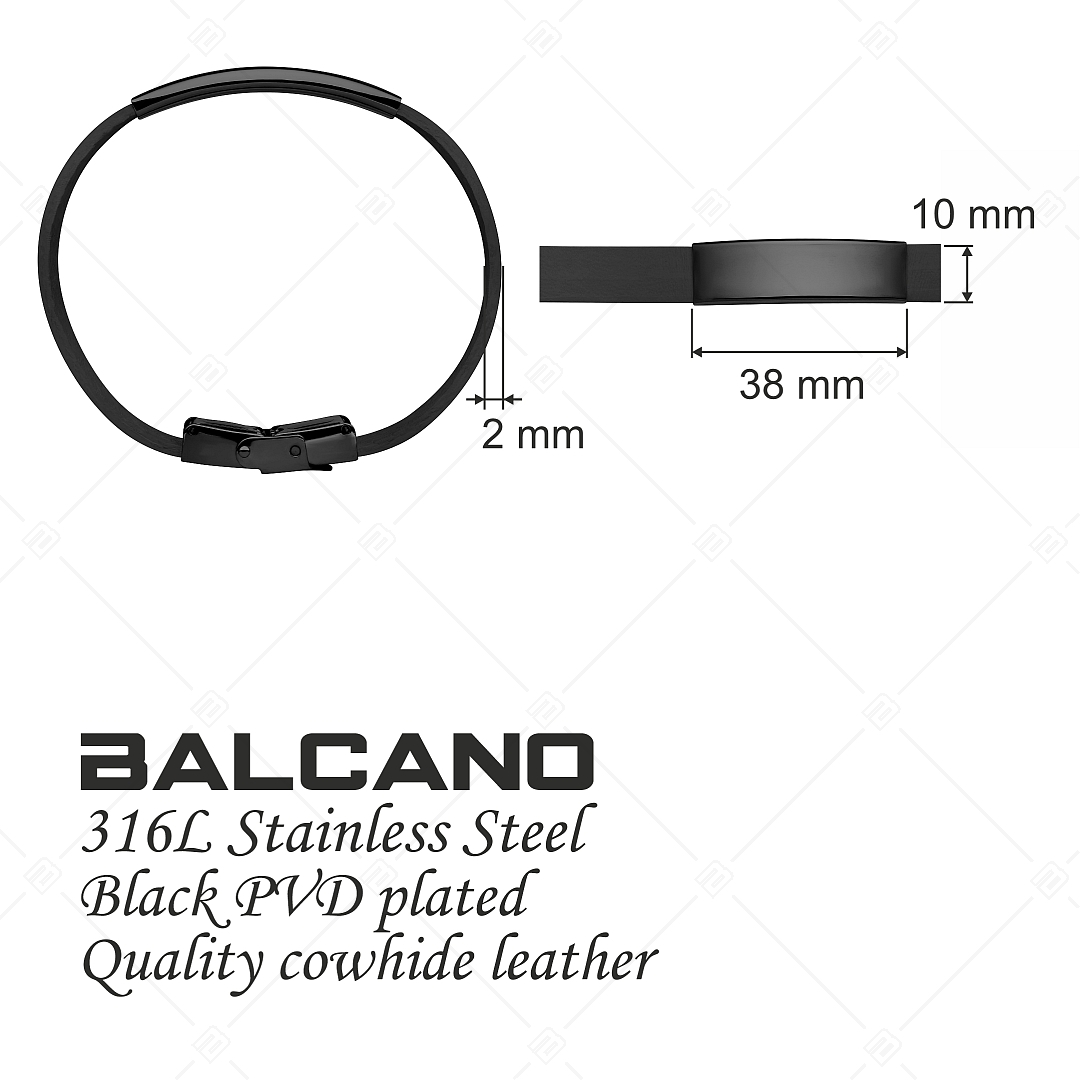 BALCANO - Black Leather Bracelet With Engravable Black PVD Plated Stainless Steel Headpiece (551011LT11)