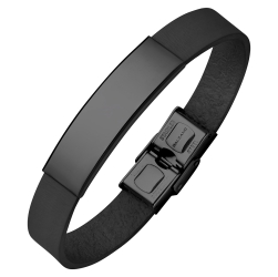 BALCANO - Bracelet en cuir noir avec une tête gravable en acier inoxydable plaqué PVD noir