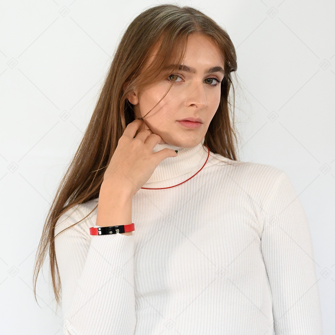 BALCANO - Red Leather Bracelet With Engravable Black PVD Plated Stainless Steel Headpiece (551011LT22)