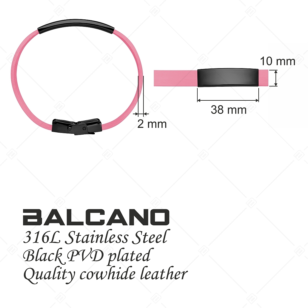 BALCANO -  Rosa Leder armband mit gravierbarem Kopfstück aus Edelstahl mit schwarzer PVD-Beschichtung (551011LT28)