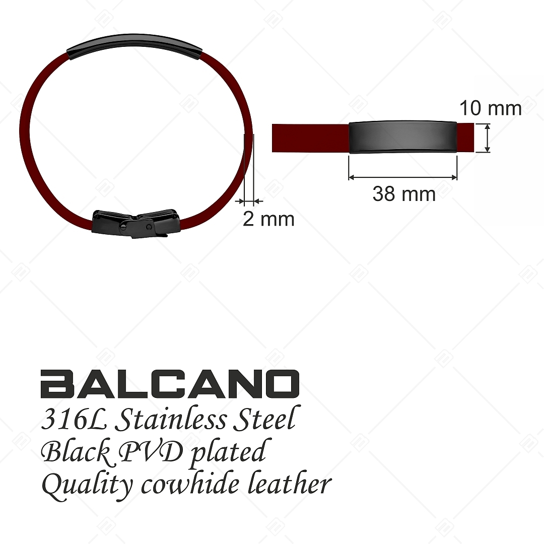BALCANO - Burgunderrotes Leder armband mit gravierbarem Kopfstück aus Edelstahl mit schwarzer PVD-Beschichtung (551011LT29)