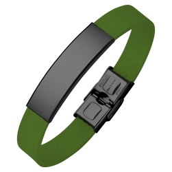 BALCANO - Bracelet en cuir Vert avec une tête gravable en acier inoxydable plaqué PVD noir