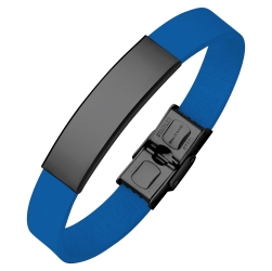 BALCANO - Bracelet en cuir Bleu avec une tête gravable en acier inoxydable plaqué PVD noir