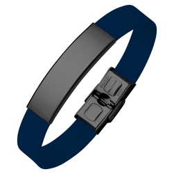 BALCANO - Dark Blue Leather Bracelet With Engravable Black PVD Plated Stainless Steel Headpiece