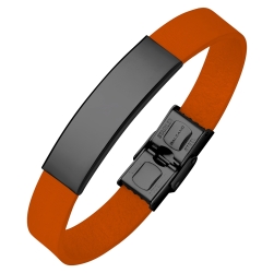BALCANO - Bracelet en cuir orange avec une tête gravable en acier inoxydable plaqué PVD noir