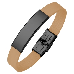 BALCANO - Hellbraunes Leder armband mit gravierbarem Kopfstück aus Edelstahl mit schwarzer PVD-Beschichtung