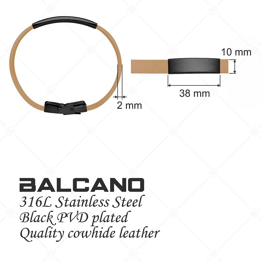 BALCANO - Light Brown Leather Bracelet With Engravable Black PVD Plated Stainless Steel Headpiece (551011LT68)