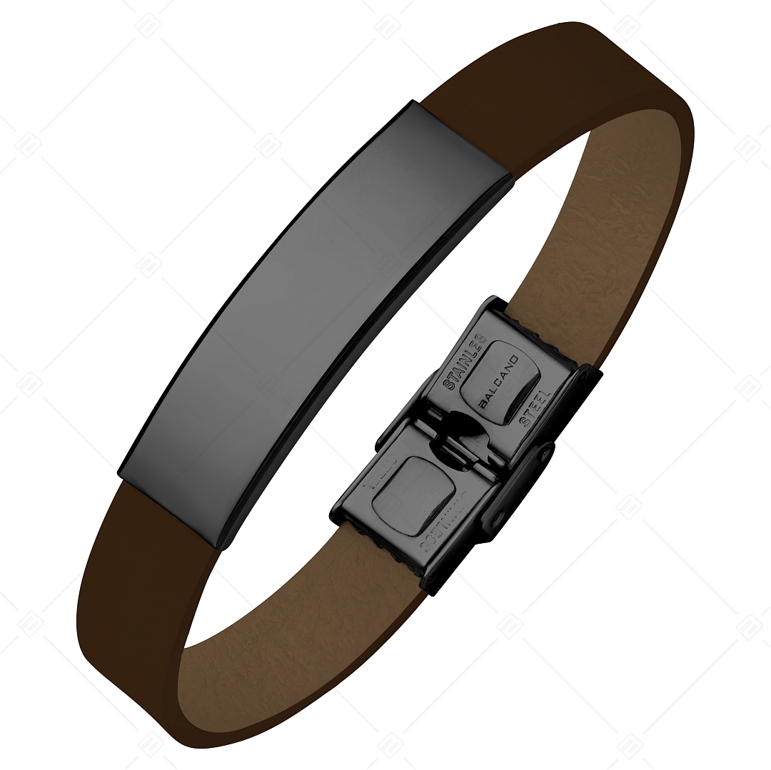 BALCANO - Bracelet en cuir brun foncé avec une tête gravable en acier inoxydable plaqué PVD noir (551011LT69)