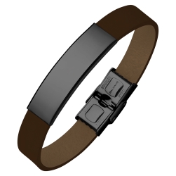 BALCANO - Dark brown leather bracelet with engravable black PVD plated stainless steel headpiece