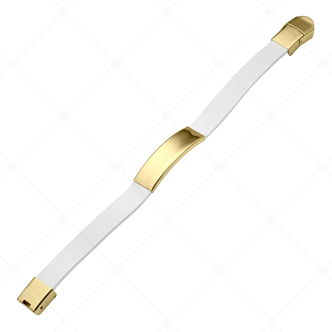 BALCANO - Bracelet en cuir blanc avec tête rectangulaire gravable en acier inoxydable plaqué or 18K (551088LT00)