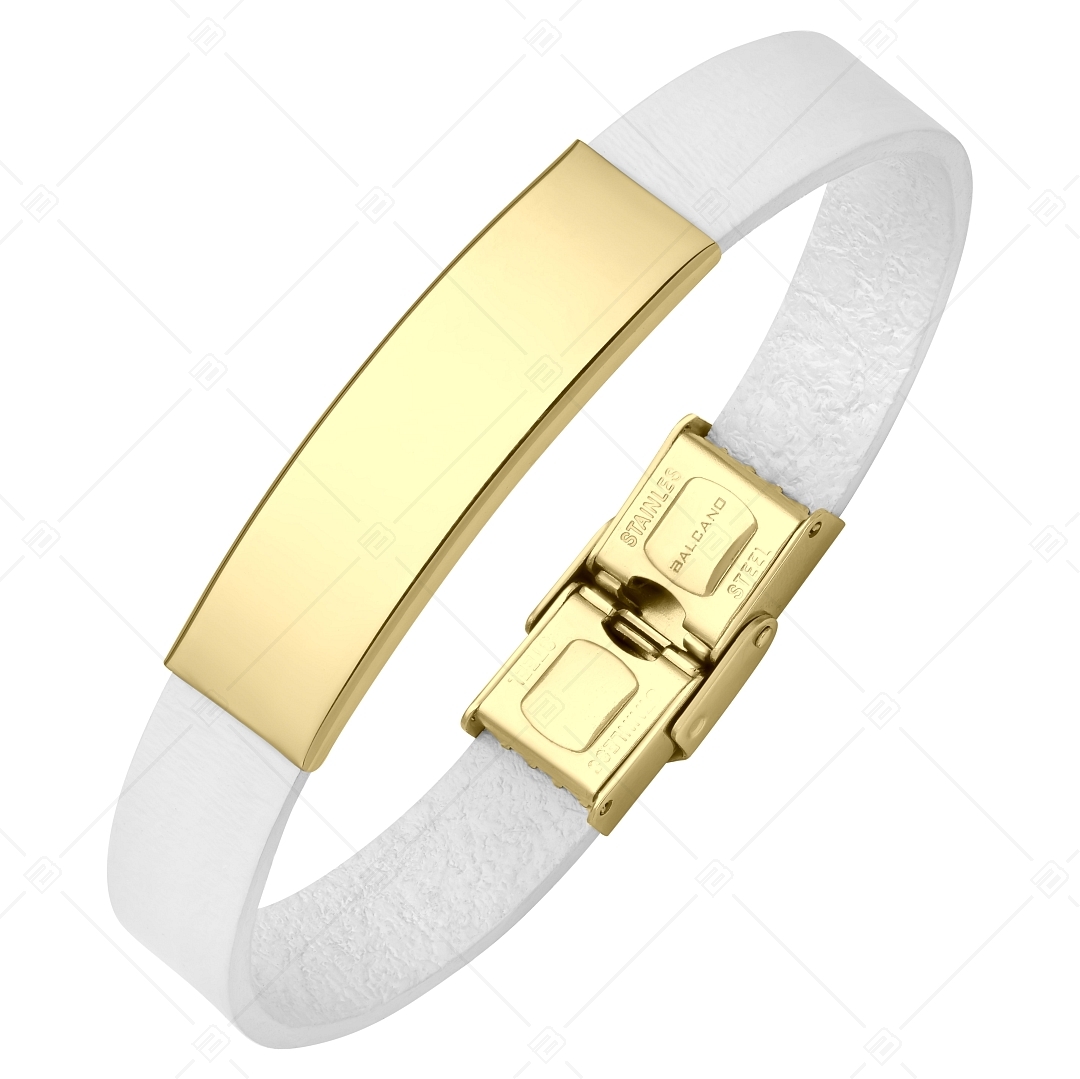 BALCANO - White leather bracelet with engravable rectangular 18K gold plated stainless steel headpiece (551088LT00)