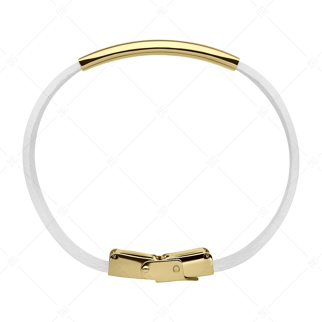 BALCANO - White leather bracelet with engravable rectangular 18K gold plated stainless steel headpiece (551088LT00)