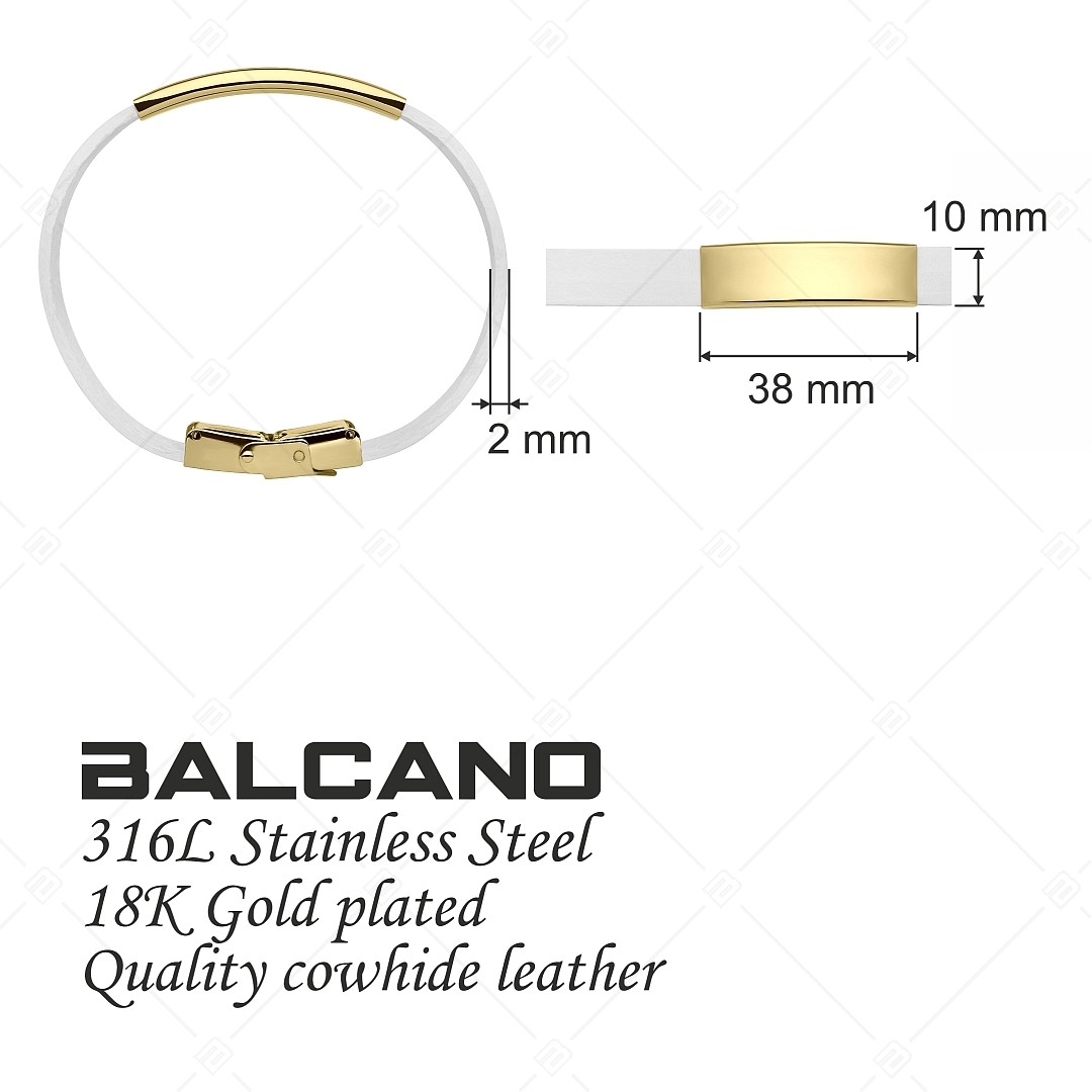 BALCANO - White Leather Bracelet With Engravable Rectangular 18K Gold Plated Stainless Steel Headpiece (551088LT00)