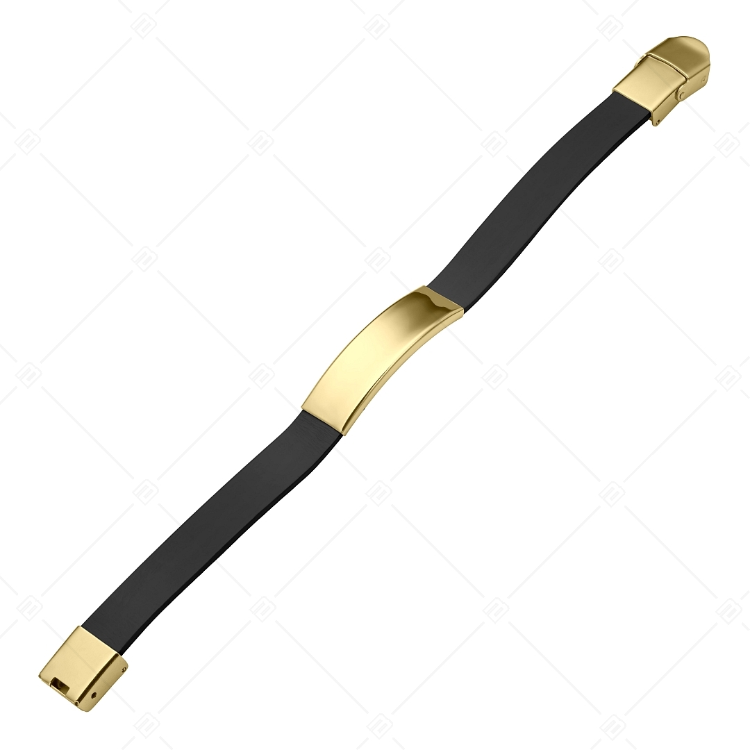 BALCANO - Bracelet en cuir noir avec tête rectangulaire gravable en acier inoxydable plaqué or 18K (551088LT11)