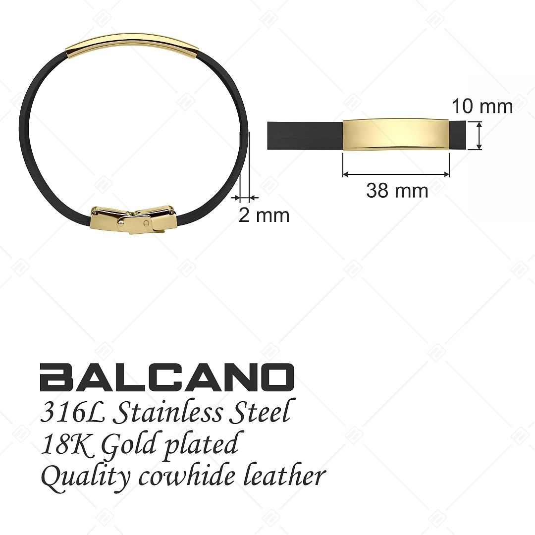 BALCANO - Schwarzes Leder Armband mit gravierbarem rechteckigen Kopfstück aus 18K vergoldetem Edelstahl (551088LT11)