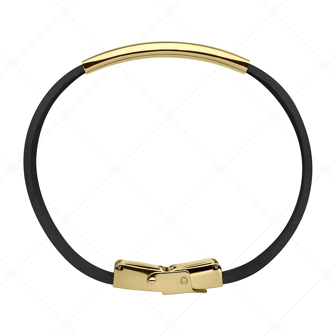 BALCANO - Bracelet en cuir noir avec tête rectangulaire gravable en acier inoxydable plaqué or 18K (551088LT11)