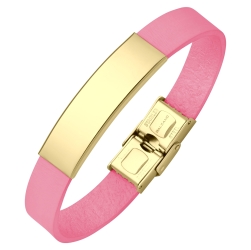 BALCANO - Bracelet en cuir rose avec tête rectangulaire gravable en acier inoxydable plaqué or 18K