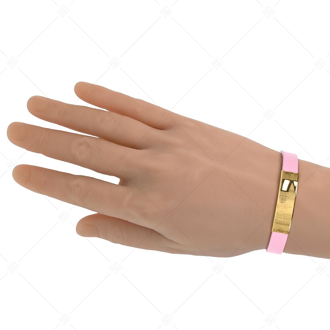 BALCANO - Bracelet en cuir rose avec tête rectangulaire gravable en acier inoxydable plaqué or 18K (551088LT28)