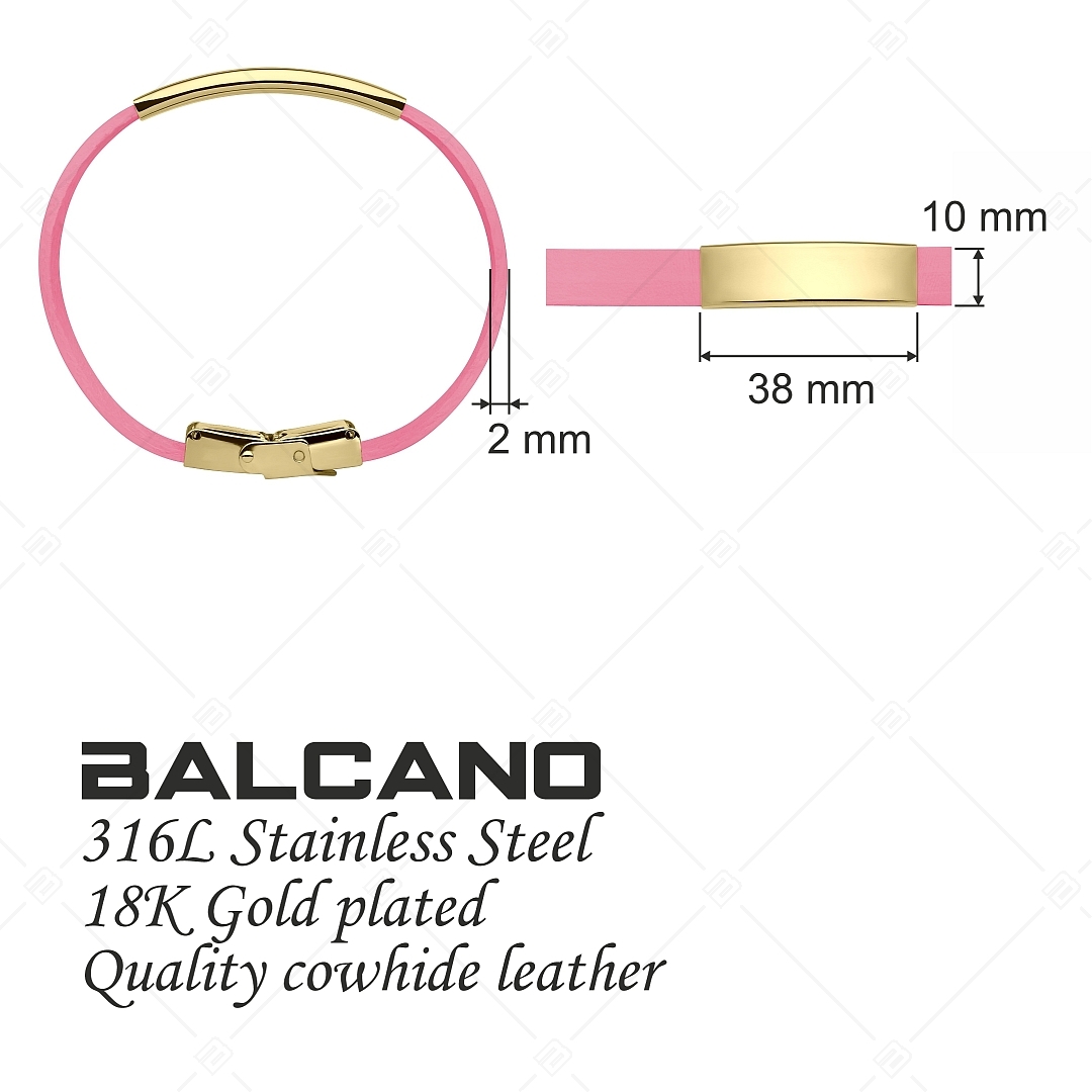 BALCANO - Pink leather bracelet with engravable rectangular 18K gold plated stainless steel headpiece (551088LT28)