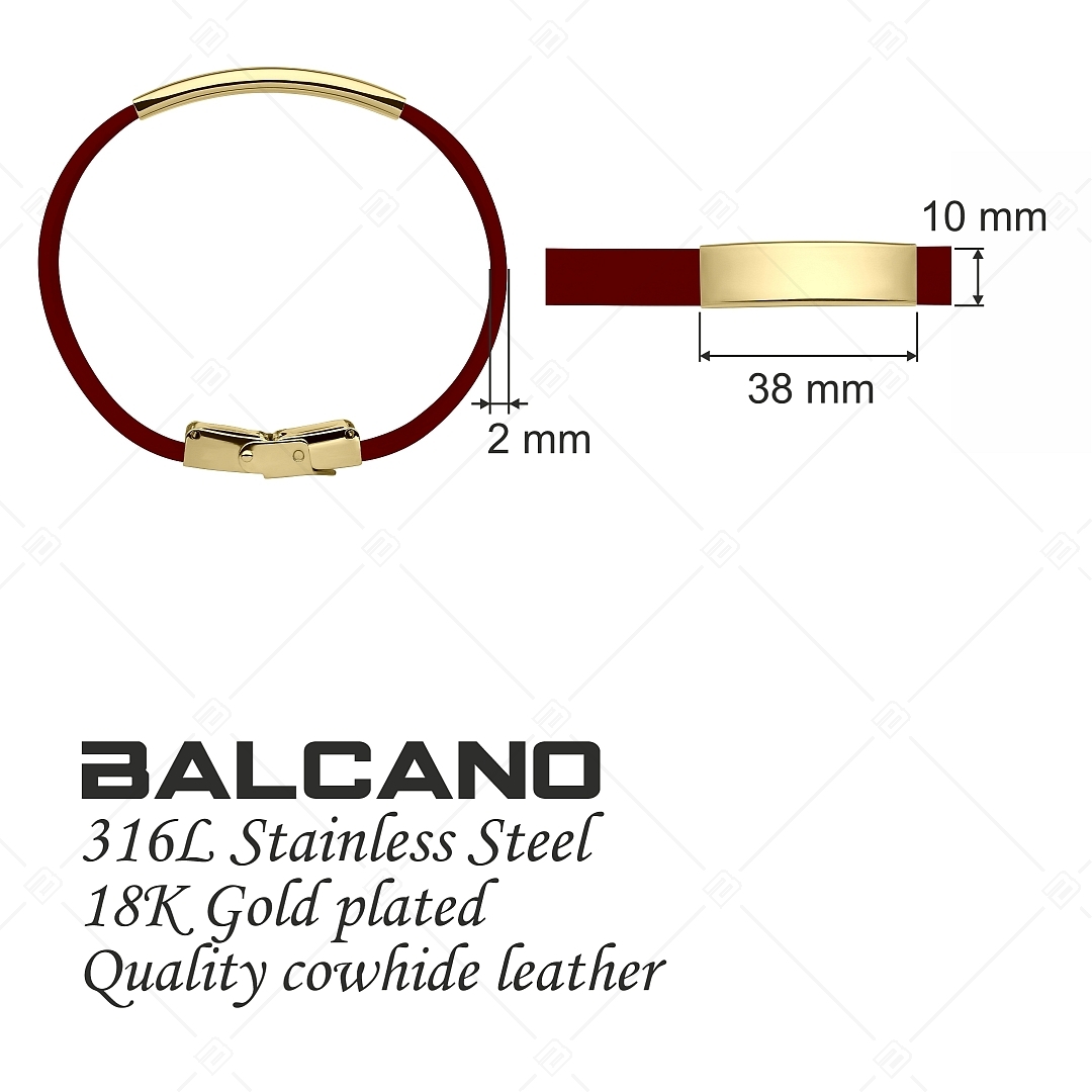 BALCANO - Burgundy Leather Bracelet With Engravable Rectangular 18K Gold Plated Stainless Steel Headpiece (551088LT29)