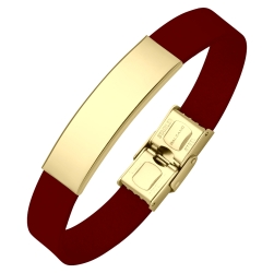 BALCANO - Burgundy Leather Bracelet With Engravable Rectangular 18K Gold Plated Stainless Steel Headpiece
