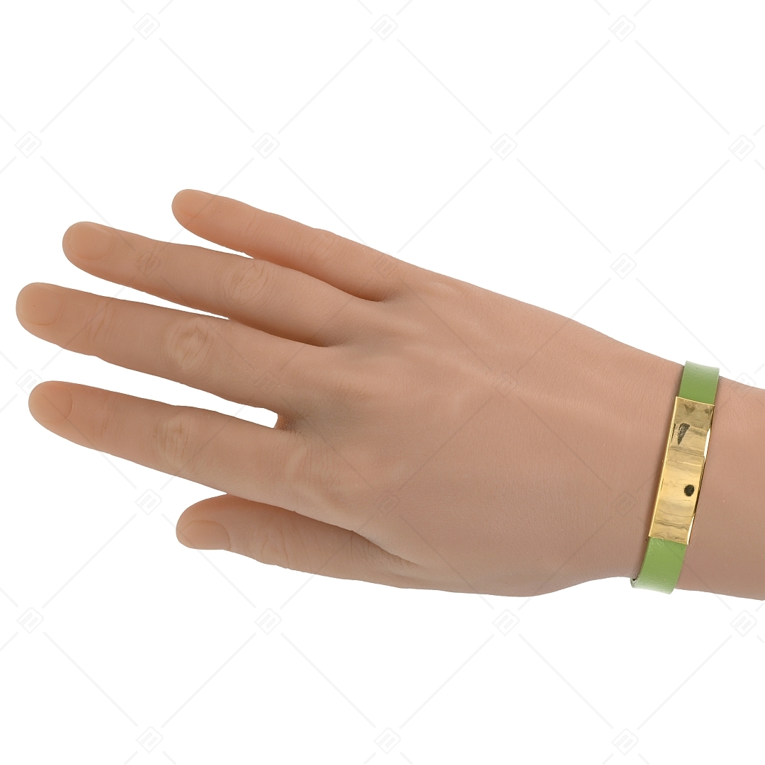 BALCANO - Bracelet en cuir verte avec tête rectangulaire gravable en acier inoxydable plaqué or 18K (551088LT38)