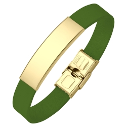 BALCANO - Bracelet en cuir verte avec tête rectangulaire gravable en acier inoxydable plaqué or 18K