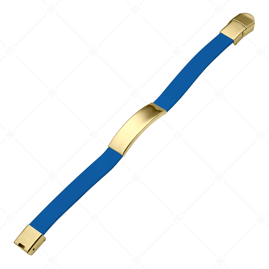 BALCANO - Bracelet en cuir bleu avec tête rectangulaire gravable en acier inoxydable plaqué or 18K (551088LT48)