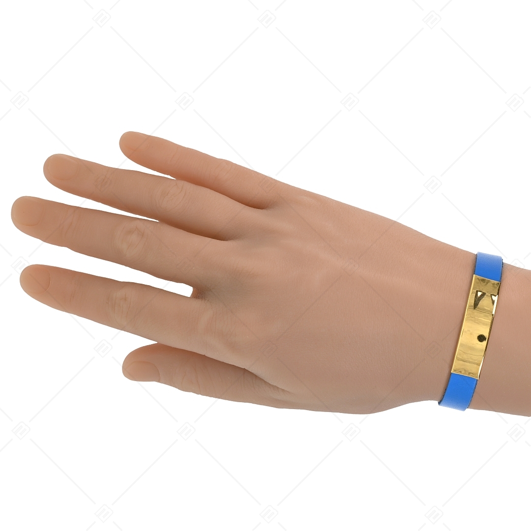 BALCANO - Bracelet en cuir bleu avec tête rectangulaire gravable en acier inoxydable plaqué or 18K (551088LT48)