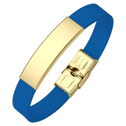 BALCANO - Bracelet en cuir bleu avec tête rectangulaire gravable en acier inoxydable plaqué or 18K