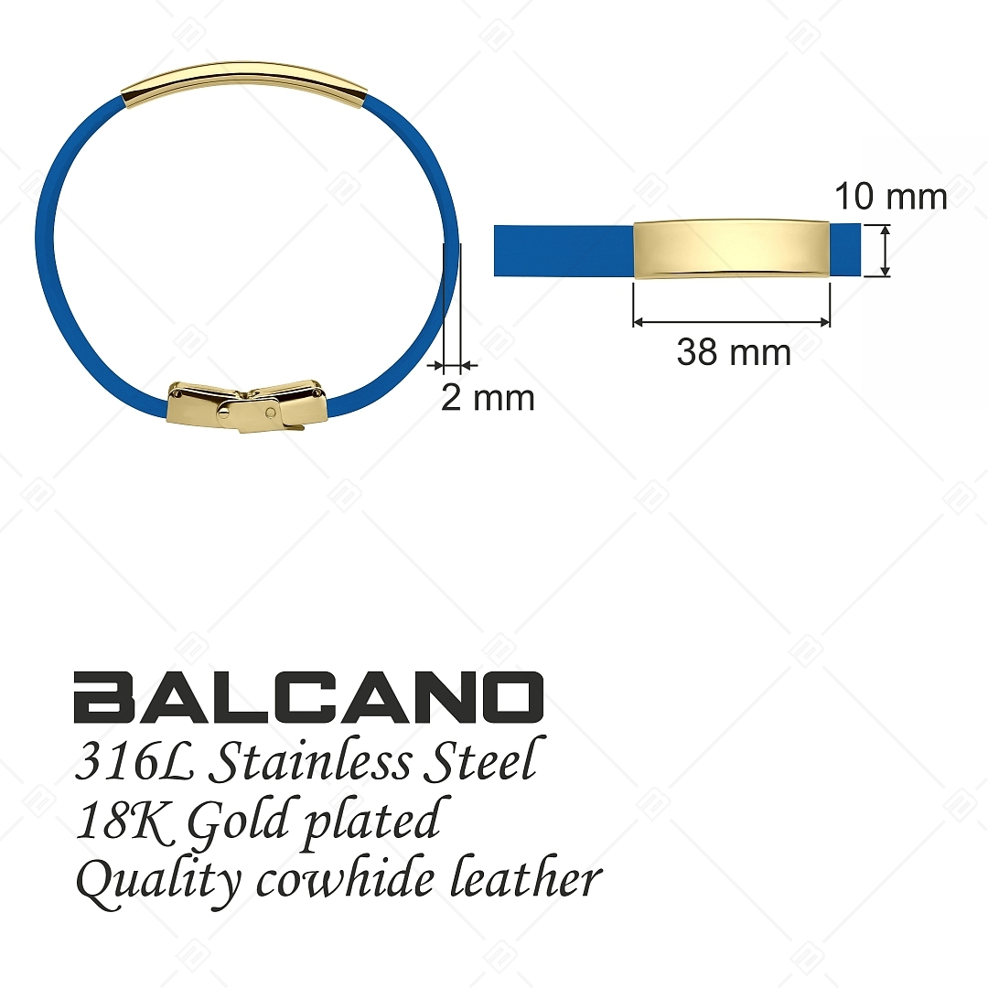 BALCANO - Blaues Leder Armband mit gravierbarem rechteckigen Kopfstück aus 18K vergoldetem Edelstahl (551088LT48)
