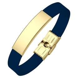 BALCANO - Bracelet en cuir Bleu foncé avec tête rectangulaire gravable en acier inoxydable plaqué or 18K