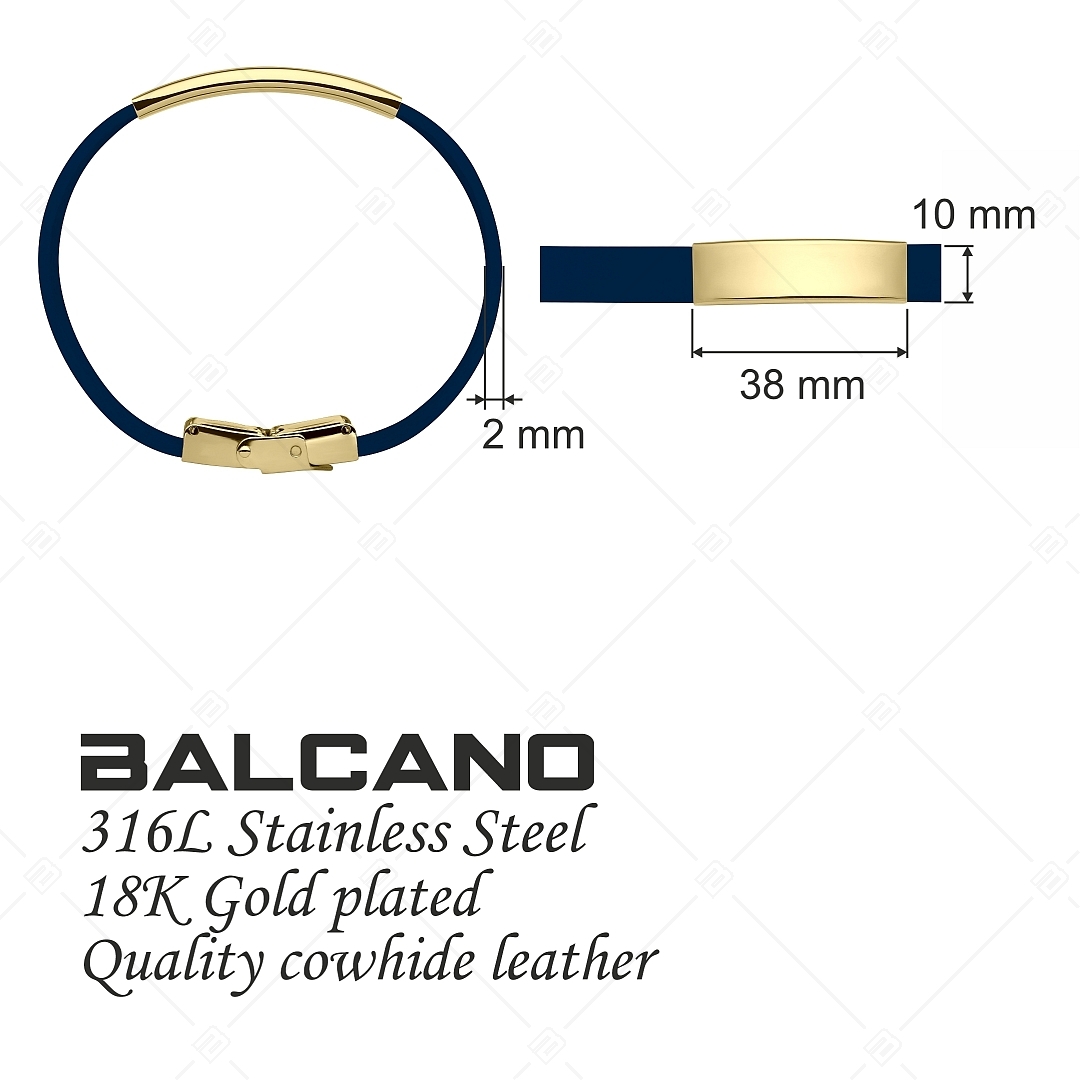 BALCANO - Bracelet en cuir Bleu foncé avec tête rectangulaire gravable en acier inoxydable plaqué or 18K (551088LT49)