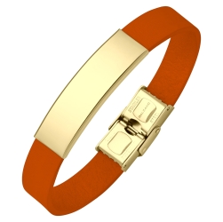 BALCANO - Bracelet en cuir orange avec tête rectangulaire gravable en acier inoxydable plaqué or 18K