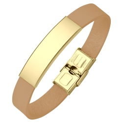 BALCANO - Bracelet en cuir brun pâle avec tête rectangulaire gravable en acier inoxydable plaqué or 18K