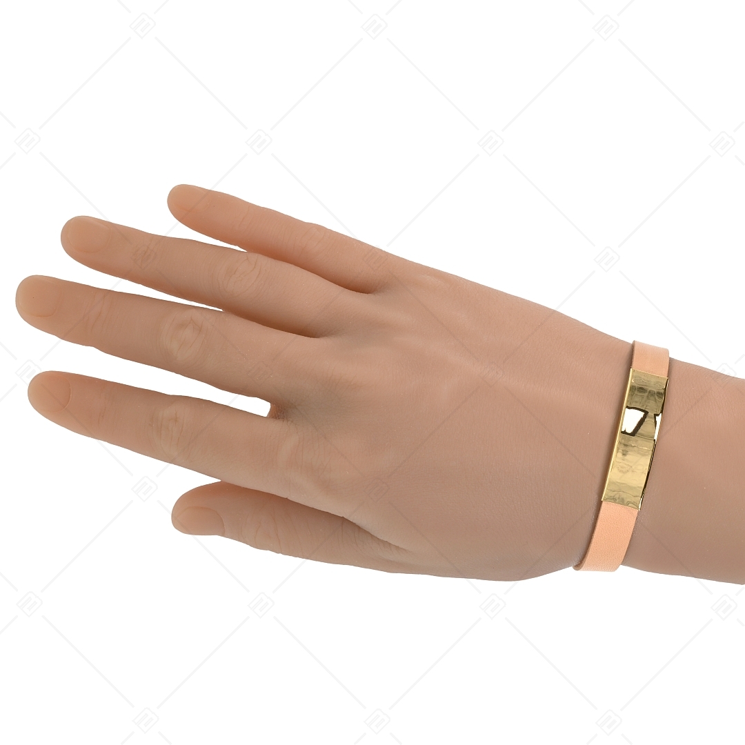 BALCANO - Bracelet en cuir brun pâle avec tête rectangulaire gravable en acier inoxydable plaqué or 18K (551088LT68)