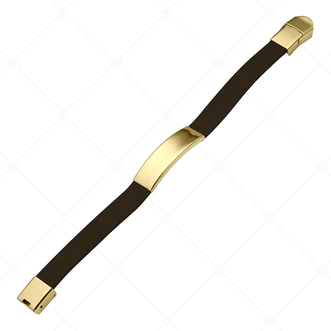 BALCANO - Bracelet en cuir brun foncé avec tête rectangulaire gravable en acier inoxydable plaqué or 18K (551088LT69)