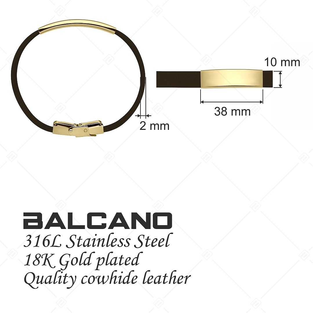 BALCANO - Dunkelbraunes Leder Armband mit gravierbarem rechteckigen Kopfstück aus 18K vergoldetem Edelstahl (551088LT69)
