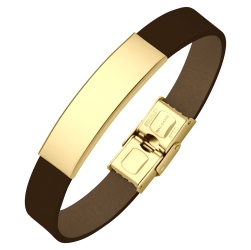 BALCANO - Bracelet en cuir brun foncé avec tête rectangulaire gravable en acier inoxydable plaqué or 18K