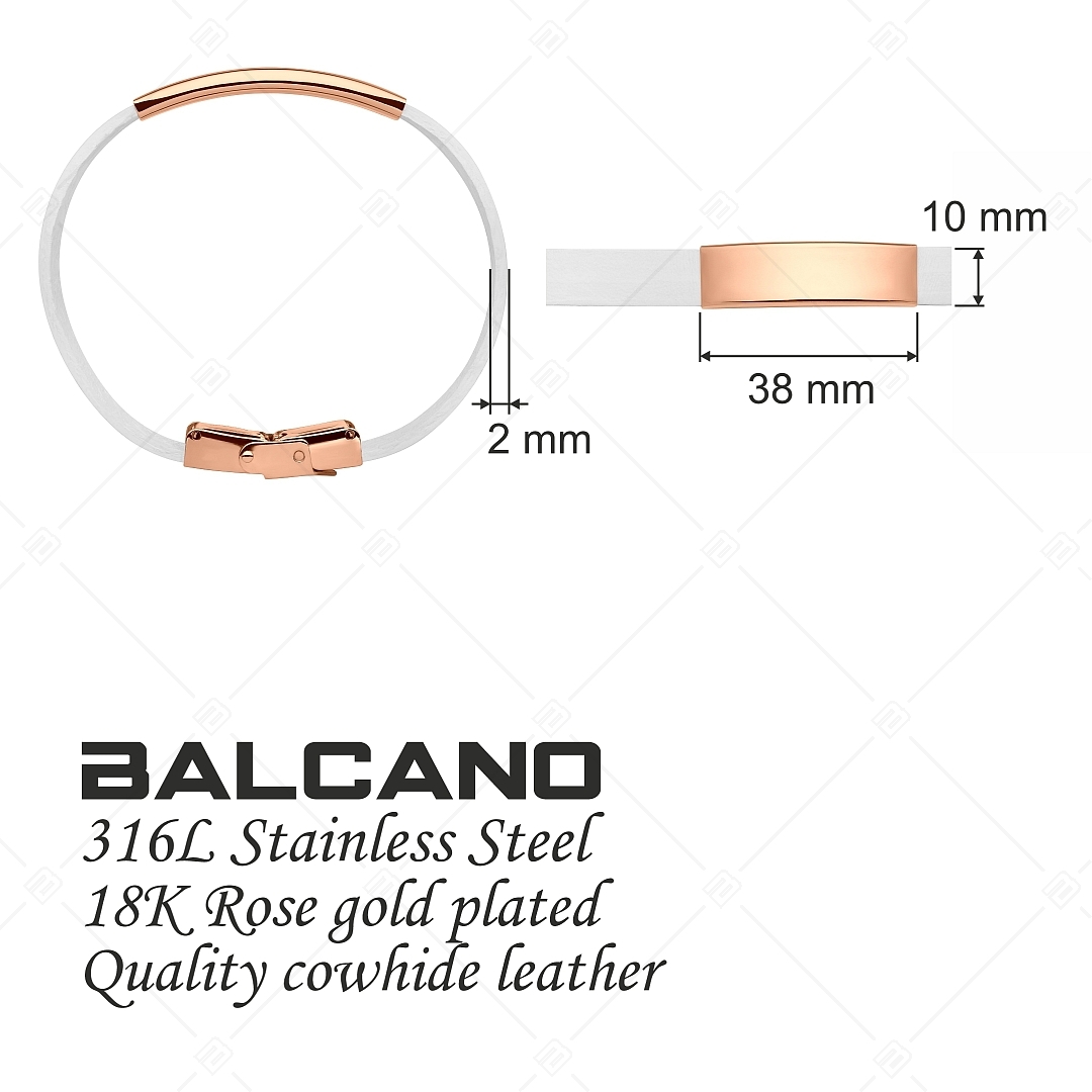 BALCANO - White Leather Bracelet With Engravable Rectangular 18K Rose Gold Plated Stainless Steel Headpiece (551096LT00)
