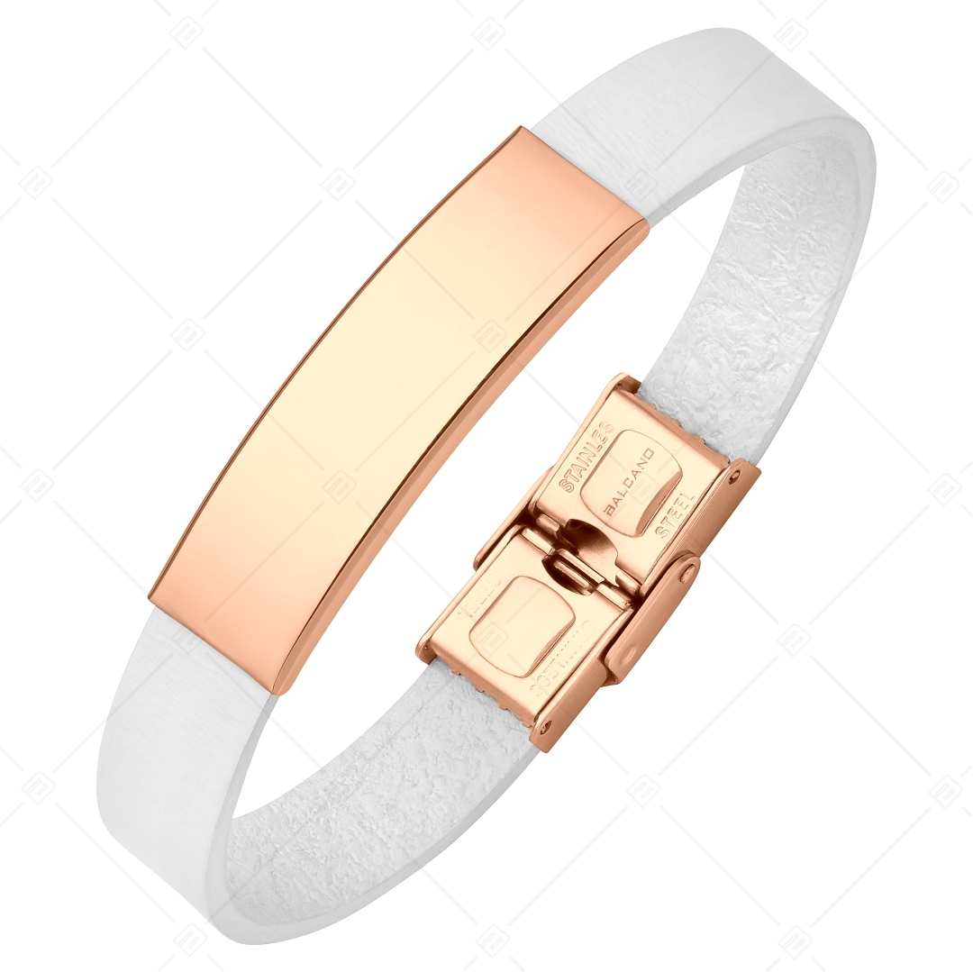 BALCANO - Bracelet en cuir blanc avec tête rectangulaire gravable en acier inoxydable plaqué or rose 18K (551096LT00)