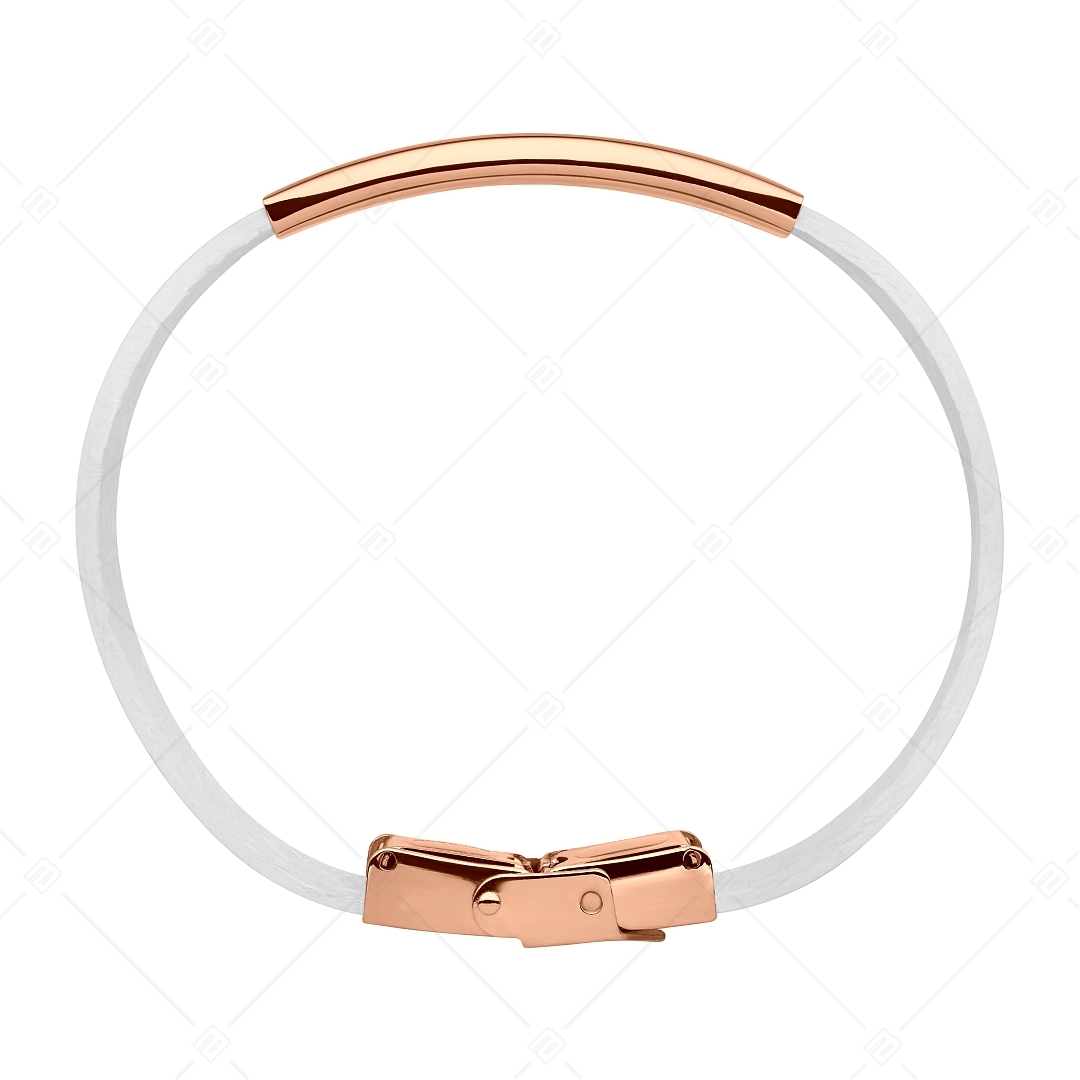 BALCANO - White Leather Bracelet With Engravable Rectangular 18K Rose Gold Plated Stainless Steel Headpiece (551096LT00)