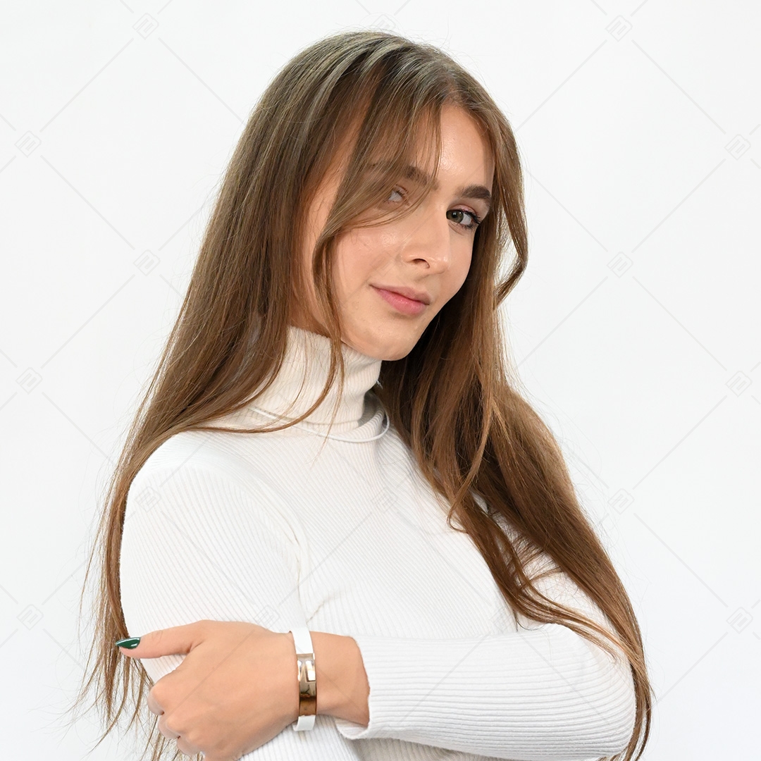 BALCANO -  Weißes Leder Armband mit gravierbarem rechteckigen Kopfstück aus 18K rosévergoldetem Edelstahl (551096LT00)