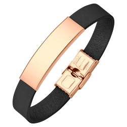 BALCANO - Bracelet en cuir noir avec tête rectangulaire gravable en acier inoxydable plaqué or rose 18K