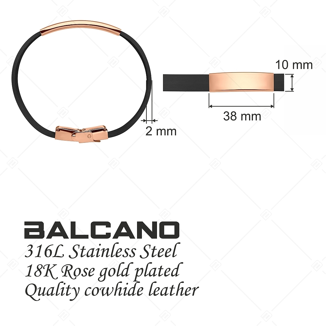 BALCANO - Bracelet en cuir noir avec tête rectangulaire gravable en acier inoxydable plaqué or rose 18K (551096LT11)
