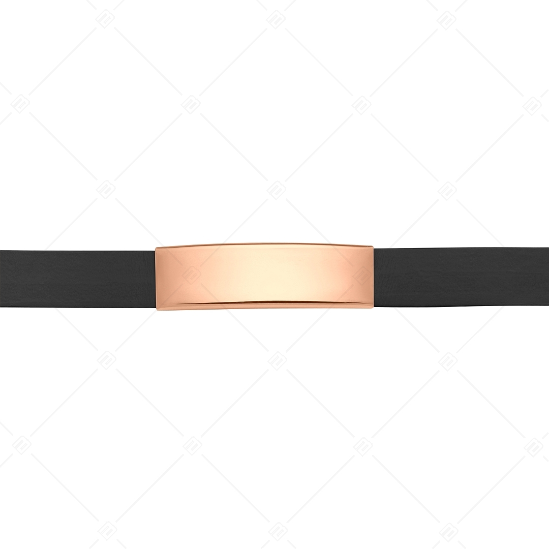 BALCANO - Bracelet en cuir noir avec tête rectangulaire gravable en acier inoxydable plaqué or rose 18K (551096LT11)