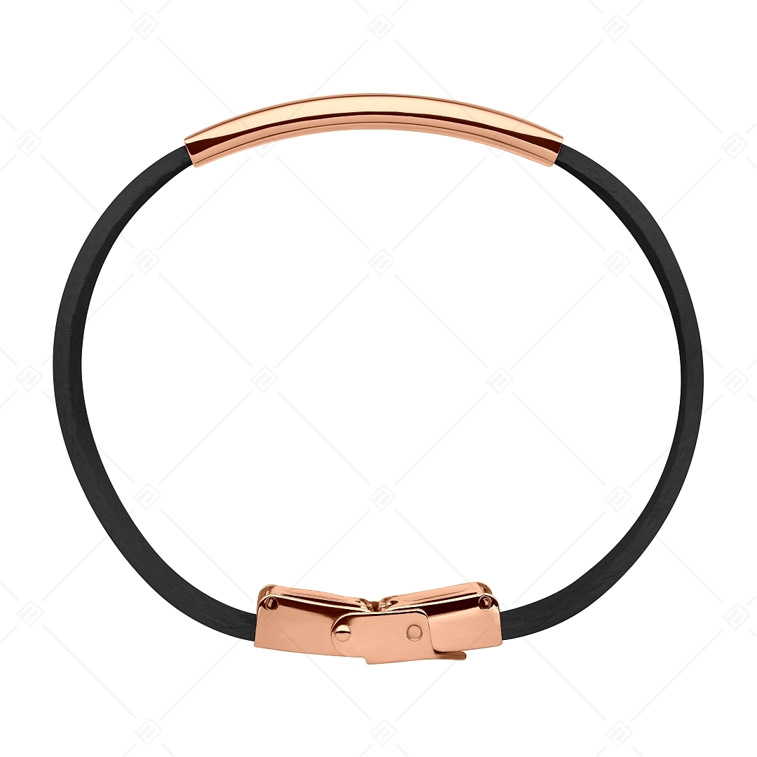 BALCANO - Black leather bracelet with engravable rectangular 18K rose gold plated stainless steel headpiece (551096LT11)