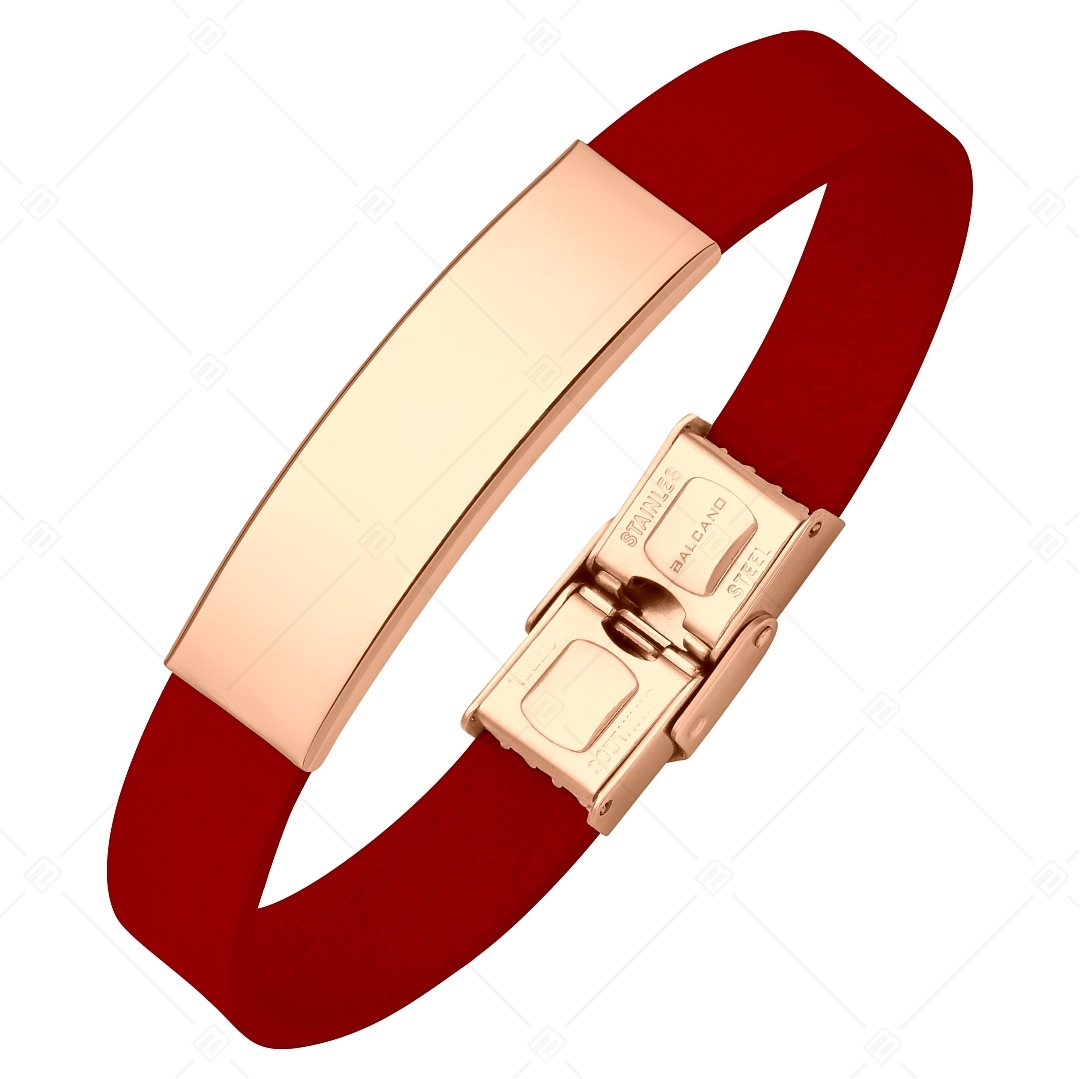 BALCANO - Red leather bracelet with engravable rectangular 18K rose gold plated stainless steel headpiece (551096LT22)